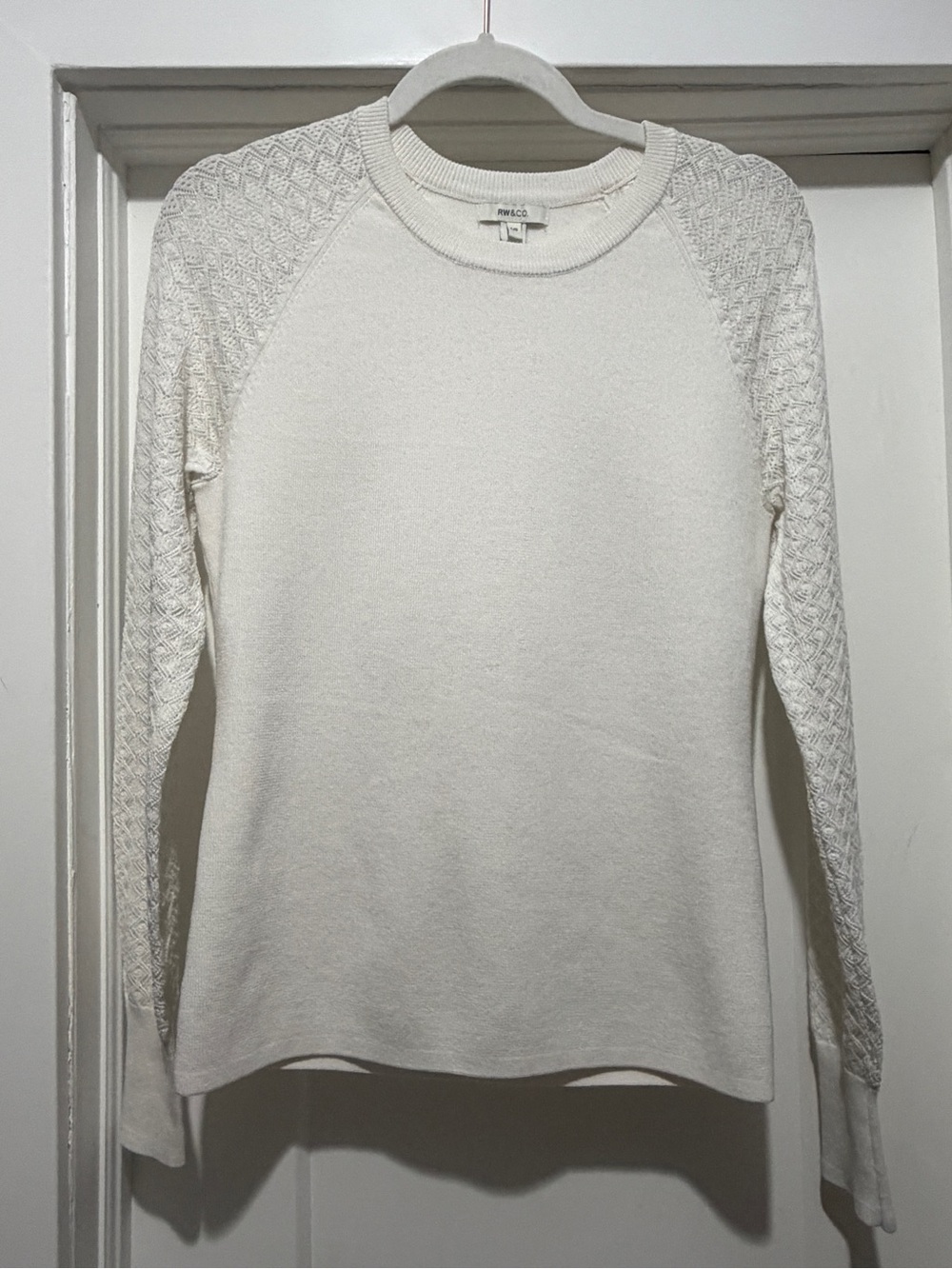 RW&CO. Cream Crewneck Sweater with Textured Lace Sleeves